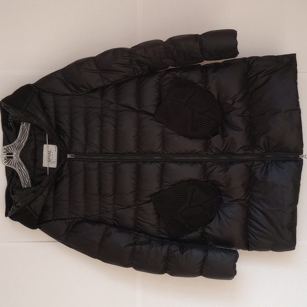 ERAL 700 Fill White Goose Down Shiny Black Puffer Parka Coat with Zip Up Hood M